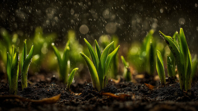 Fresh green spring shoots emerging from dark moist soil during a light rain