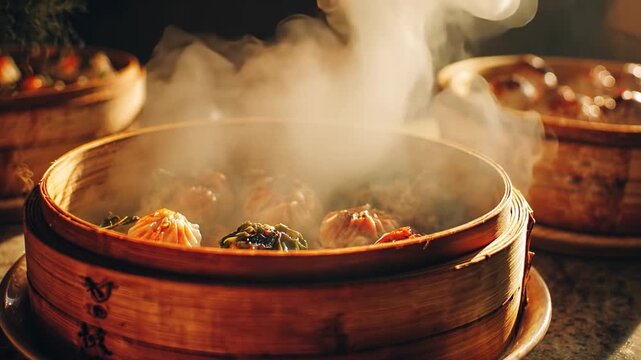 Steam Rising from Delicious Dumplings in Bamboo Steamer Baskets