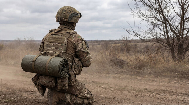 A stoic photograph of a soldier in camouflage gear, kneeling on a dirt path, with a rolled mat on their back.