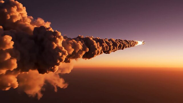A powerful rocket ascent leaving a thick, dramatic contrail against a gradient sky at sunset, showcasing speed and technological advancement during space exploration