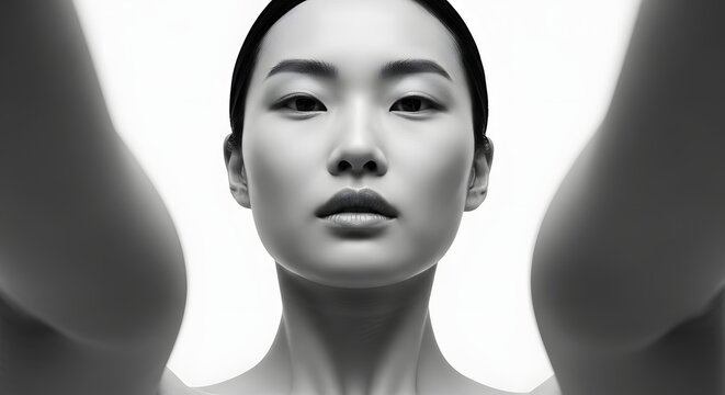 Asian Woman's Face in Monochrome Portrait - Beauty and Skincare Concept