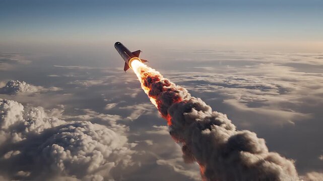 A powerful rocket launches into the sky, ascending through clouds with a brilliant fiery plume and smoke trailing behind against a clear blue horizon