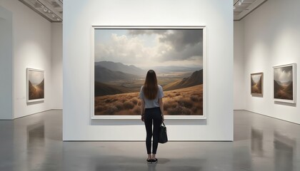 Fototapeta premium Woman observes large landscape painting in bright art gallery. Modern museum interior shows framed art on white walls. Floor reflects art and lighting.