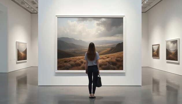 Woman observes large landscape painting in bright art gallery. Modern museum interior shows framed art on white walls. Floor reflects art and lighting.