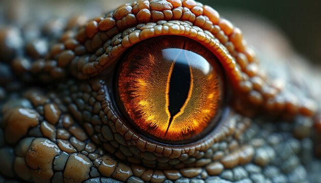 Extreme close up on reptile eye. Scales surround the bright orange iris with black vertical pupil. Animal vision detail captured with macro lens.