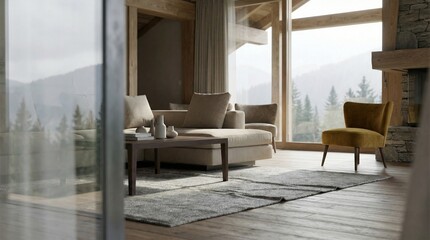 Obraz premium Modern Cozy Living Room Interior with Large Window, Wooden Cabin Style and Mountain View