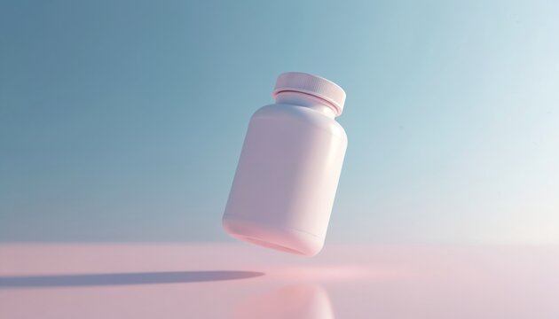 Minimalist 3D render of white plastic pill bottle floating in pastel sky. Smooth, clean, modern design with soft pink and blue gradient background. Suitable for healthcare ads.