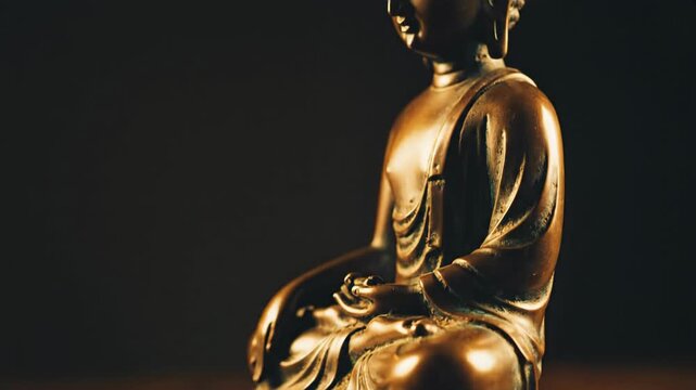 Close up of a bronze Buddha statue seated in meditation on a lotus flower base, with a dark, moody background, conveying peace and spirituality