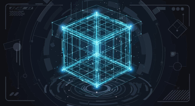 Abstract glowing blue cube structure with digital grid and futuristic HUD elements on dark background