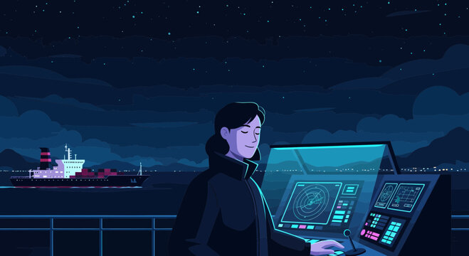 Woman operating advanced technology on a ship at night.