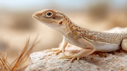 Obraz premium Lizard Basking on Warm Rock in Desert Landscape Closeup Photography