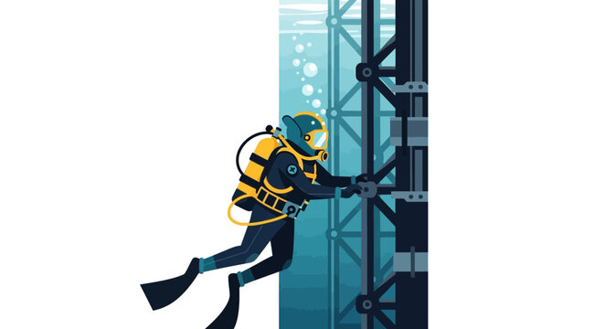 Underwater diver inspecting industrial structure underwater.