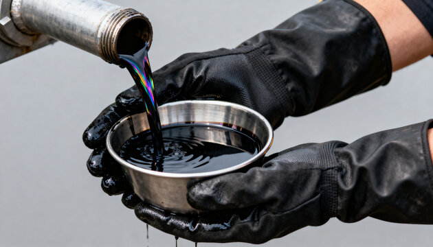 Man holding bowl while crude oil pours into it. Worker wearing protective glove collecting oil sample for quality testing. Energy industry and fuel production analysis in laboratory.