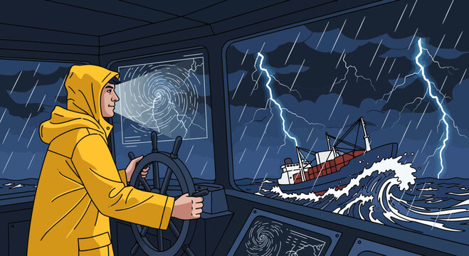 Man in yellow raincoat steering boat during storm.
