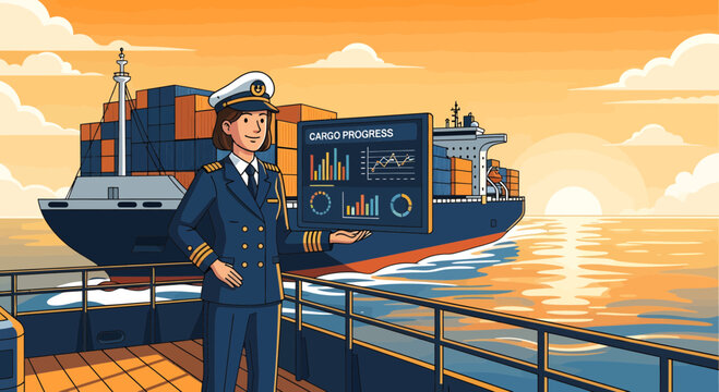Maritime Captain Overseeing Shipping Operations with Digital Dashboard.