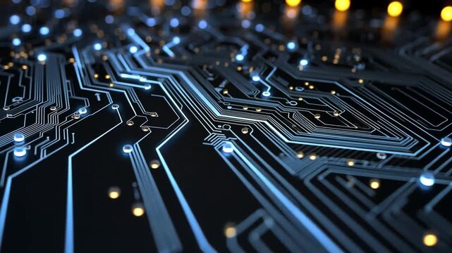 Close-Up View of Electronic Circuit Board with Glowing Pathways