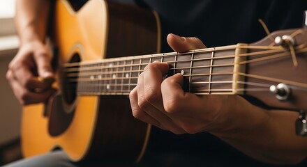 Fototapeta premium Close-up of a person playing acoustic guitar.