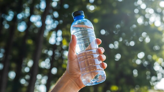 Hand holding plastic water bottle in forest representing hydration health and environmental awareness concept