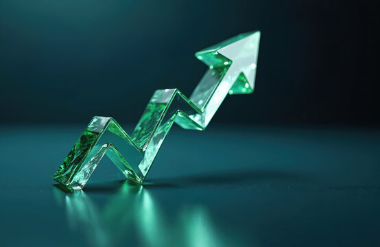 Clear glass arrow shape points upward. Shiny reflective surface below. Represents business growth progress and rising trends. Modern clean studio illustration.