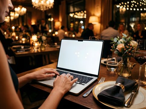 A laptop is placed in a luxurious restaurant with a white screen and elegant night lighting. It symbolizes the flexibility of modern work and the concept of a lifestyle business.
