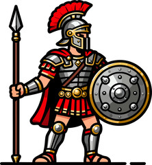 Obraz premium Cartoon Roman Soldier Warrior with Spear and Shield Vector Illustration