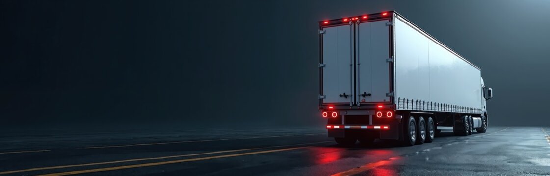 Large truck trailer with red tail lights parked on wet asphalt road. Commercial vehicle ready for transport. Night scene on dark background.