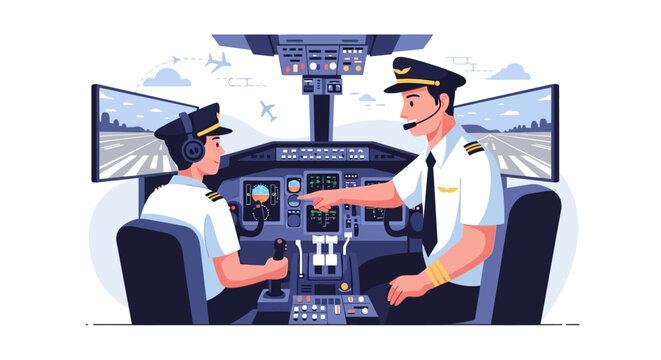 Two pilots in airplane cockpit during flight training simulation.