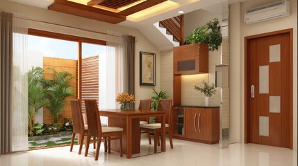 Fototapeta premium Elegant dining room interior with wooden furniture and natural light