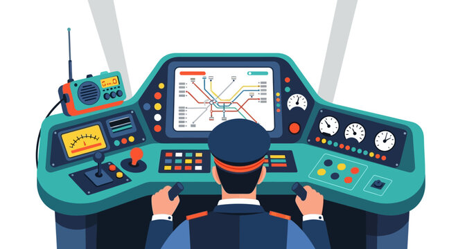 Train Driver Operating Modern Control Panel with Digital Display.