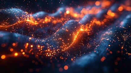 Fototapeta premium A digital wave of glowing orange and blue particles creates a dynamic, futuristic texture with flowing, interconnected points of light and depth.