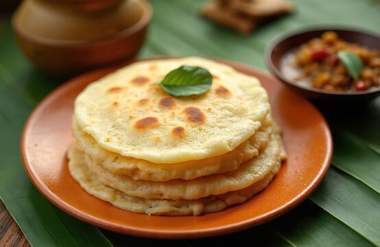 Stack of appam pancakes served on orange plate with side dish. Kerala breakfast food ready to eat. Traditional south Indian cuisine presented on banana leaf.