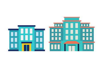 Fototapeta premium Modern hotel building facade with blue glass windows and entrance door in flat design style.