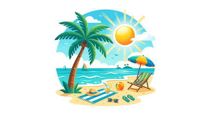 Obraz premium Tropical Beach Scene with Palm Tree and Lounge Chair.