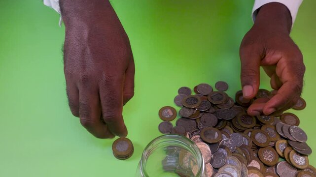 Hands methodically stack and sort a large pile of Ghanaian Cedi coins next to an open glass jar. A visual representation of financial planning, saving small change, and wealth accumulation.