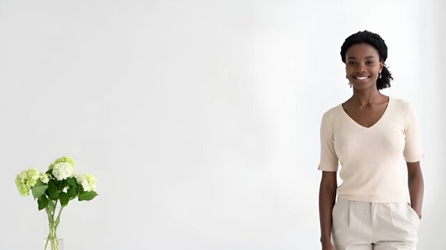 Female model white backdrop right composition copy space natural smile studio lighting