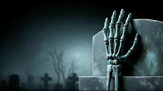 Eerie skeletal hand emerging from a weathered tombstone in a dark and atmospheric graveyard scene perfect for Halloween or horror-themed designs