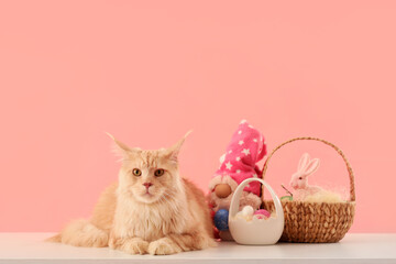 Cute Maine Coon cat with Easter basket and toy on table against pink background