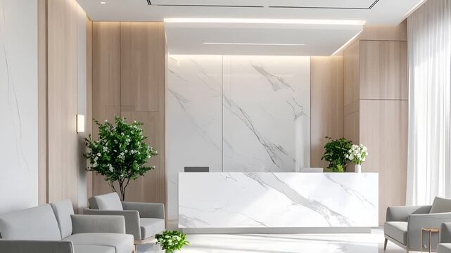 A minimalist reception space featuring a white marble desk and grey sofas.
Soft natural sunlight streams through large windows with fresh greenery outside.
Curtains gently sway while leaf shadows move