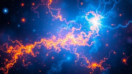 Obraz premium Electric blue and orange cosmic storm, radiant galaxy texture, detailed vector style