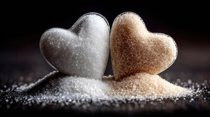 Fototapeta premium Heart-Shaped Sugar and Brown Sugar on Dark Wooden Surface in Gourmet Food Styling
