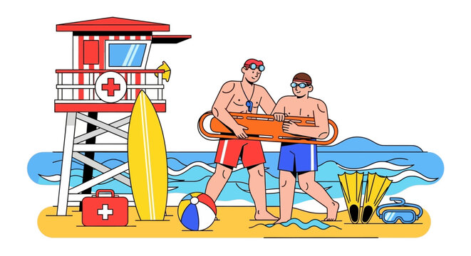 Two lifeguards carrying rescue buoy on beach.