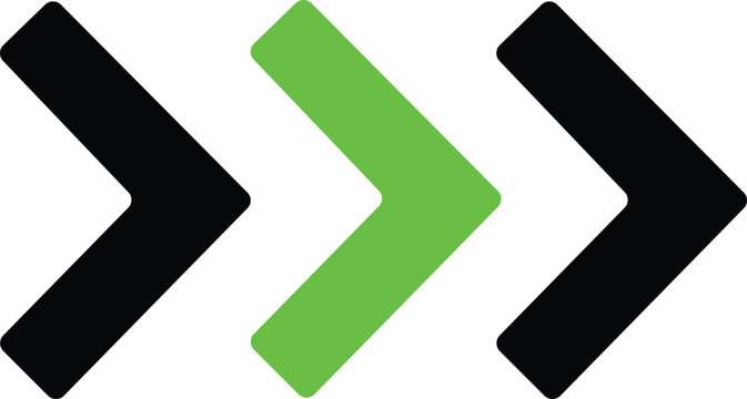 Three chevron right arrow signs in black and green colors for navigation direction indication  modern simple design