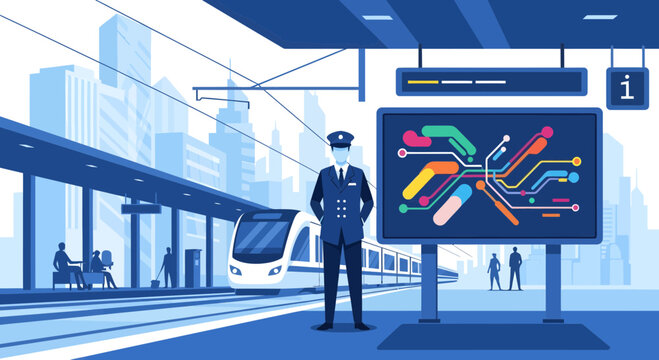 Station master in uniform standing proudly on platform.