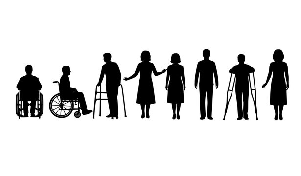 Mobility diversity silhouette set wheelchair walker crutches inclusive people vector illustration isolated on white background
