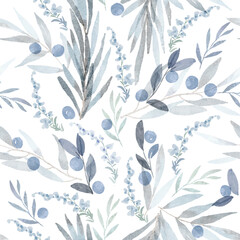 watercolor winter leaves with blueberry and flower seamless pattern © Nartco