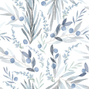 watercolor winter leaves with blueberry and flower seamless pattern