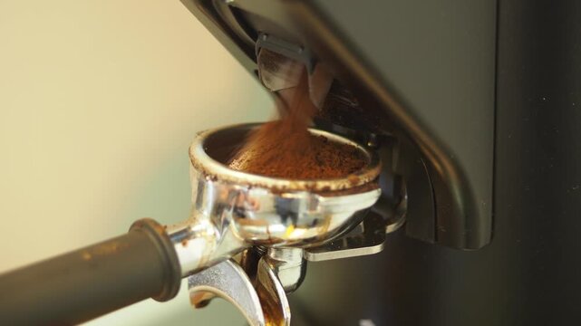 Close up view of fresh coffee grounds falling into portafilter from coffee grinder, creating perfect base for morning espresso shot