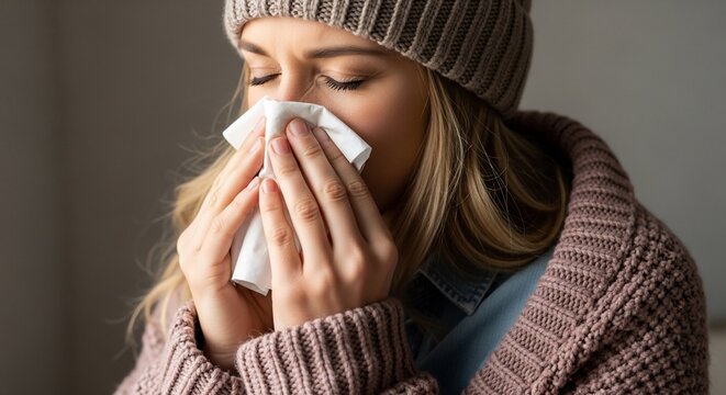 Woman blowing nose in tissue.