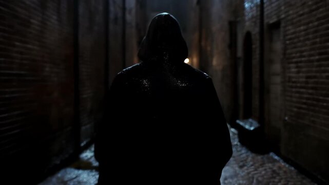 A man in a hooded jacket walks down a narrow alley, surrounded by brick walls and dim lighting.