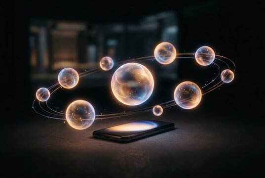 Digital bubbles orbiting a smartphone illustrating innovation and connectivity in modern technology creating a futuristic digital landscape captured with clarity